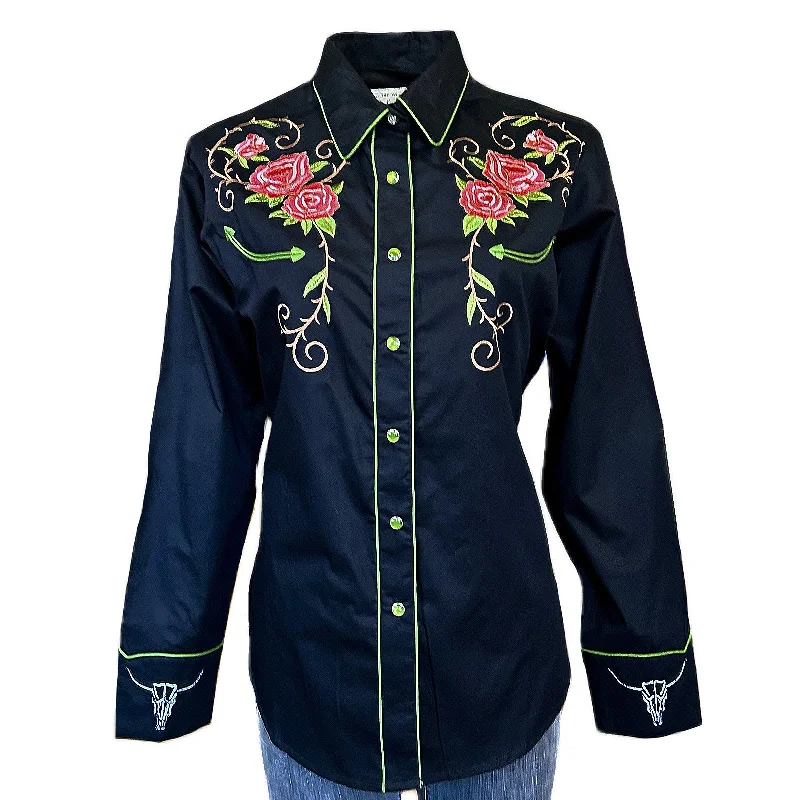 Women's Vinatge Black Steer Longhorn & Floral Embroidered Western Shirt Stylish Short Sleeve Polo