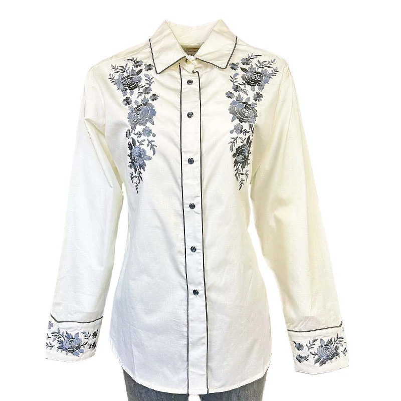 Women's Vintage Cascading Floral Embroidery Ivory Western Shirt Cozy Striped Short Sleeve