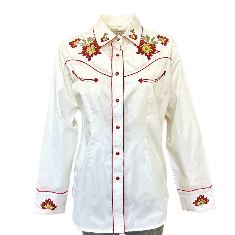 Women's Vintage Ivory Floral Embroidered Western Shirt Casual Plain Short Shirt