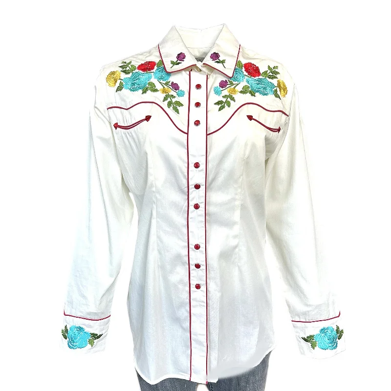 Women's Vintage Ivory Floral Pastel Embroidery Western Shirt Soft Silk Short Sleeve