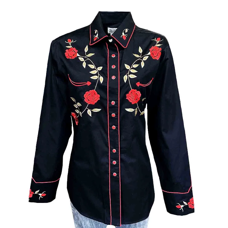 Women's Vintage Black Rose Embroidered Western Shirt Chic V-Neck Short Blouse