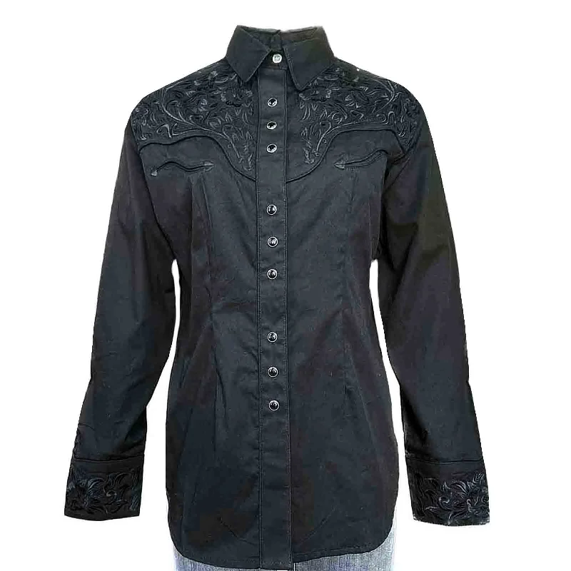 Women's Vintage Tooling Embroidery Black-on-Black Western Shirt Casual Boxy Short Shirt