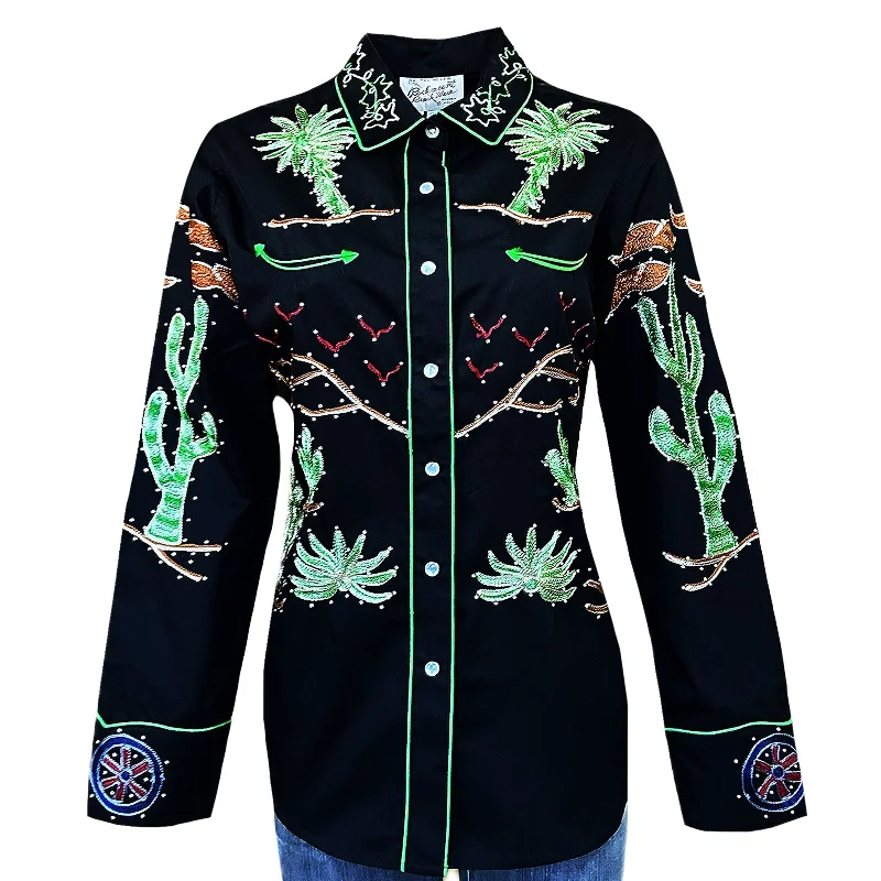 Women's Porter Wagoner Black Embroidered Western Shirt Relaxed Cotton Short Blouse