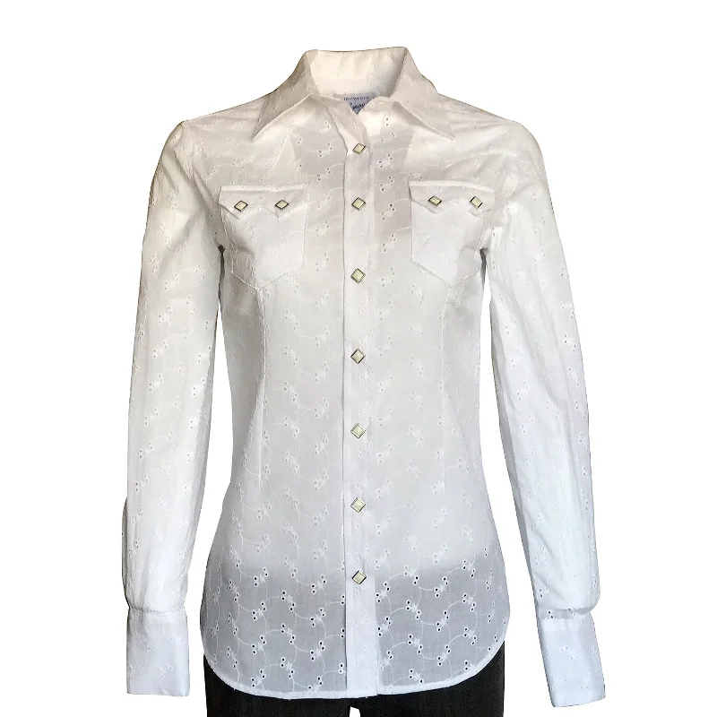 Women's White Eyelet Embroidery Western Shirt Casual Button-Down Short Shirt