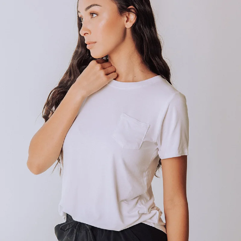 Basic Tee, Bamboo White Asymmetrical Pockets Print