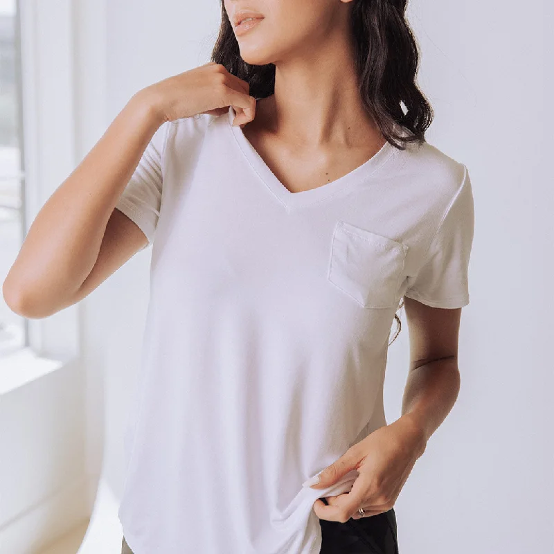 Basic V Neck Tee, Bamboo White Notch Collar Peter Pan Collar Cowl Neck