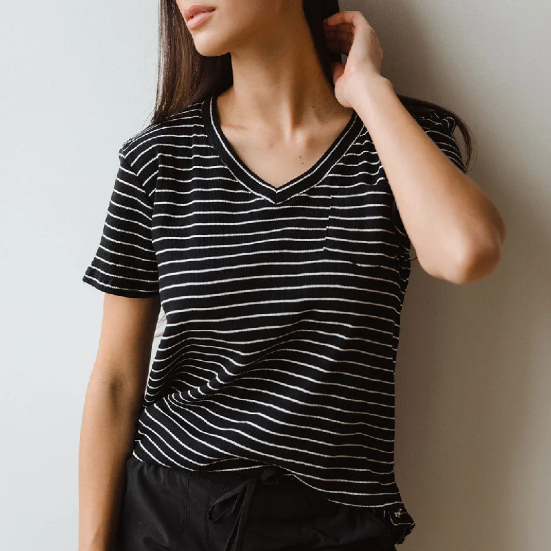 Basic V Neck Tee, Chunky Black and White Stripe Hooded Caped Shawl Collar