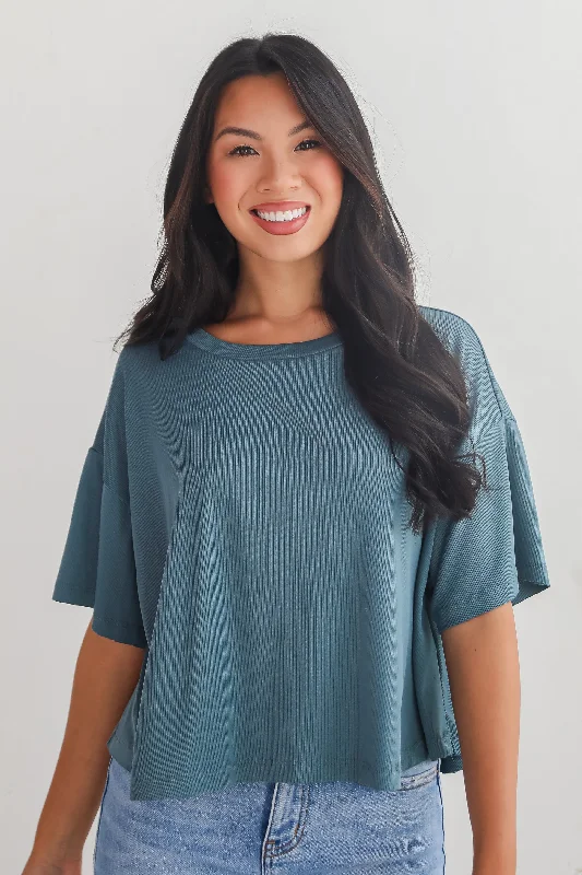 Catherine Teal Ribbed Knit Tee - DU DEAL Cashmere Blend Cotton Blend Poly Blend