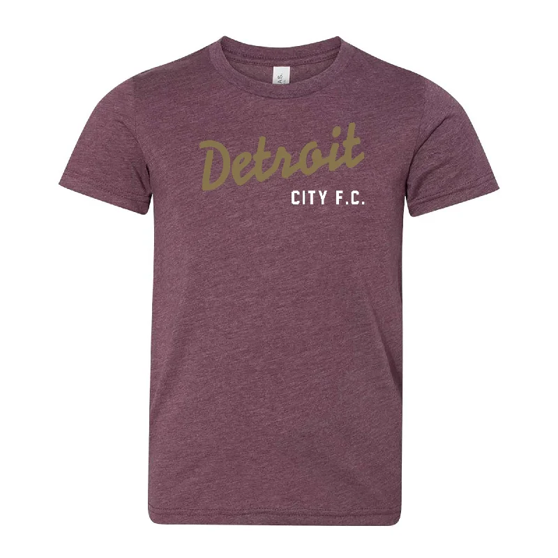 DCFC Youth Wordmark Tee- Heather Maroon Zippered Buttoned Snapped