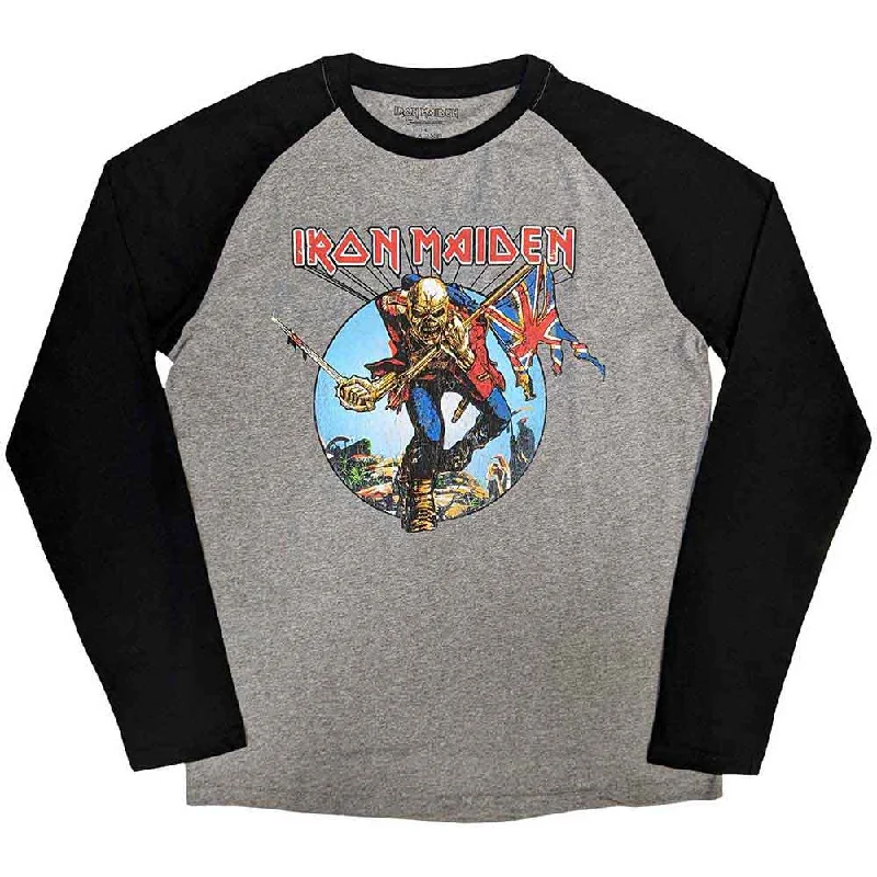 Iron Maiden | Official Band Raglan T-Shirt | Trooper Burst Zippered Front Buttoned Front Snap Front