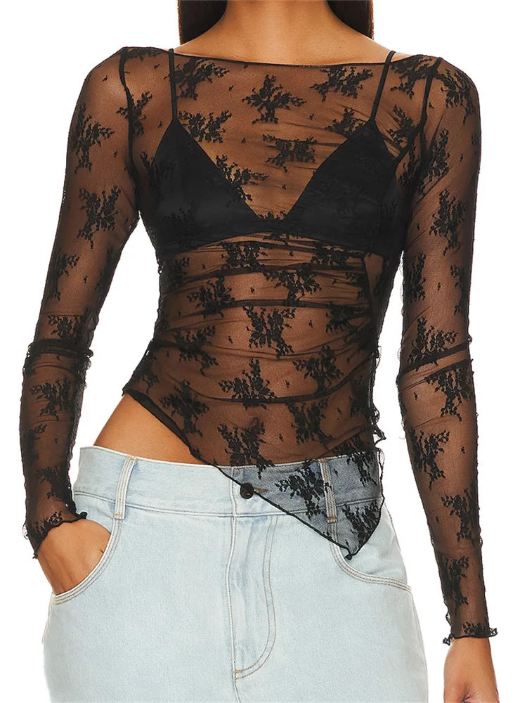 Lace Floral Long Sleeve Asymmetrical Hem Crop Mesh See Through Black Slim T-shirts Welt Pockets Slit Pockets Flap Pockets