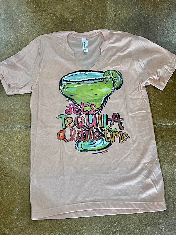 Lets Tequila Time T-Shirt Notch Collar Peter Pan Collar Cowl Neck