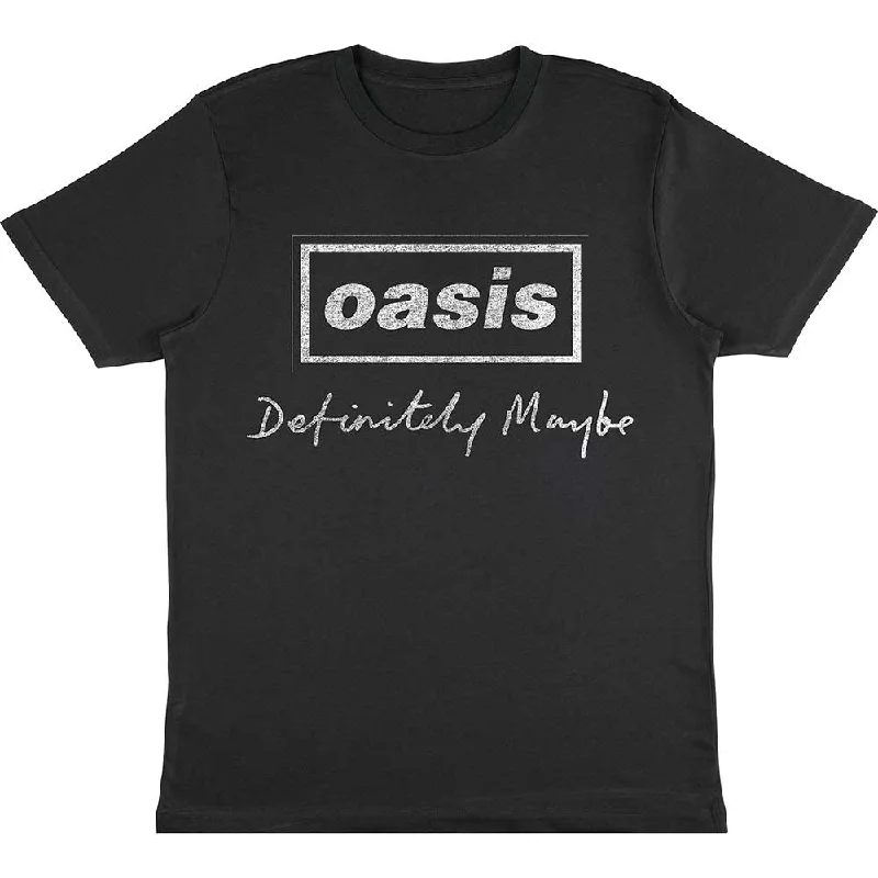 Oasis | Official Band T-Shirt | Definitely Maybe Distressed Text Logo Collared T-Shirt Boat Neck A-Line