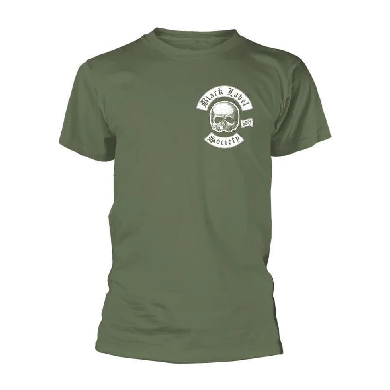 Black Label Society Unisex T-shirt: Skull Logo Pocket (Olive) (back print) Rayon Velvet Corduroy