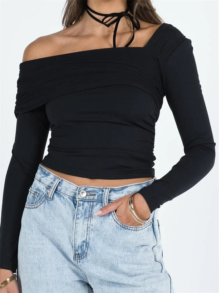 Slim Fit Ruched Casual Solid Asymmetric Neck Off Shoulder Long Sleeve Clubwear T-shirts Mesh Blend Leather Blend Suede Blend