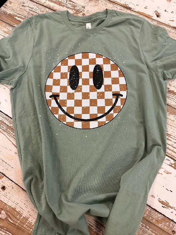 Checkered Smiley T-Shirt Zippered Buttoned Snapped