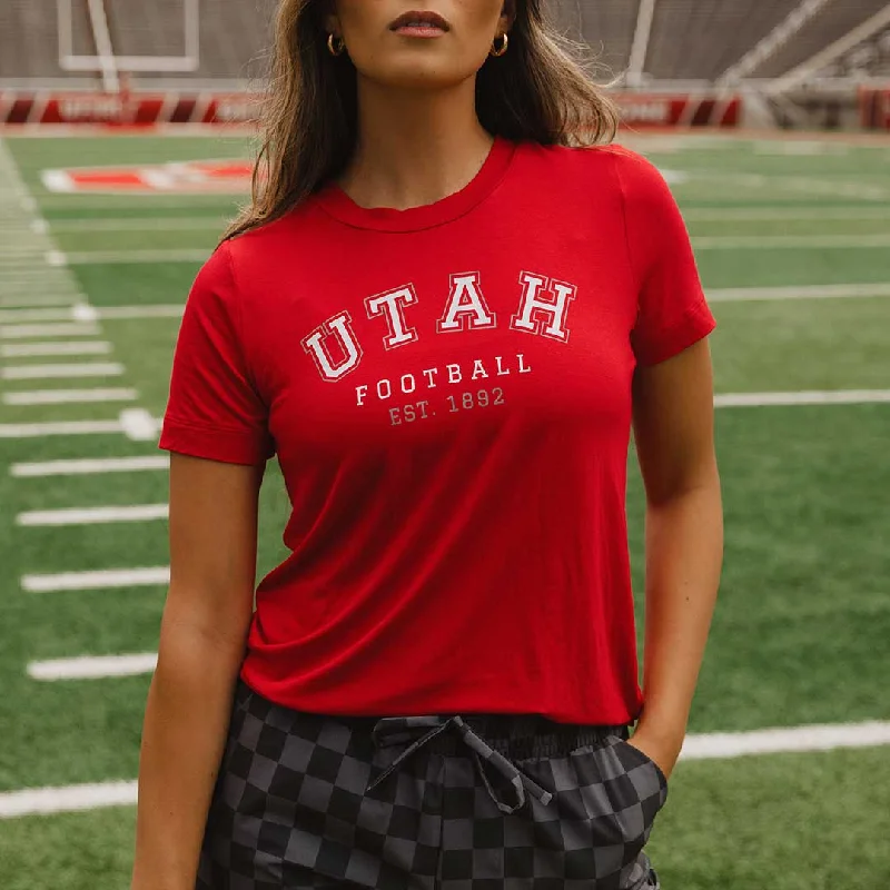 Utah Boyfriend Tee, Red Utah Football Front Pockets Side Pockets Patch Pockets