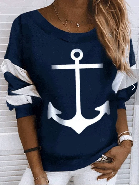 Printed Long Sleeve T-Shirt with Round Neck Mesh Canvas Denim