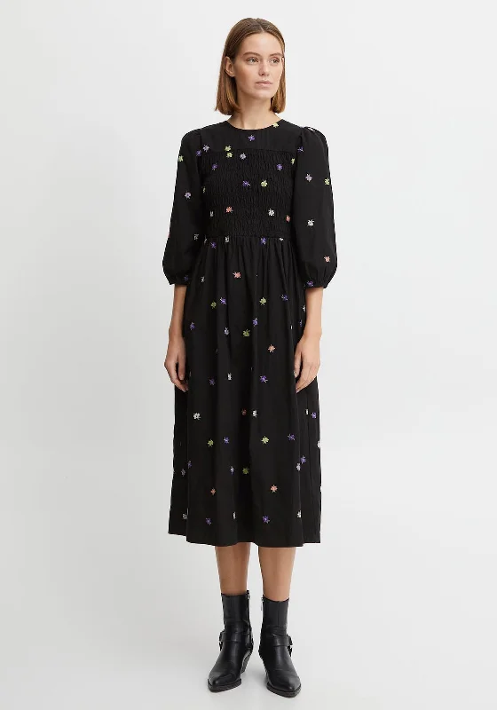 b.young Embroidered Floral Midi Dress, Black Comfortable Denim Midi Dress