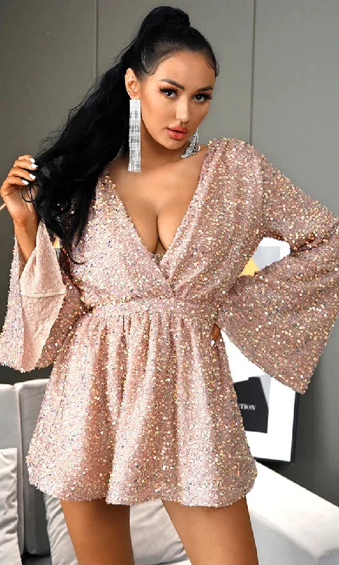 Bedroom Eyes Rose Gold Pink Champagne Sequin Long Sleeve Plunge V Neck Wrap Open Back Belted Mini Dress Cozy A-Line Mini Dress