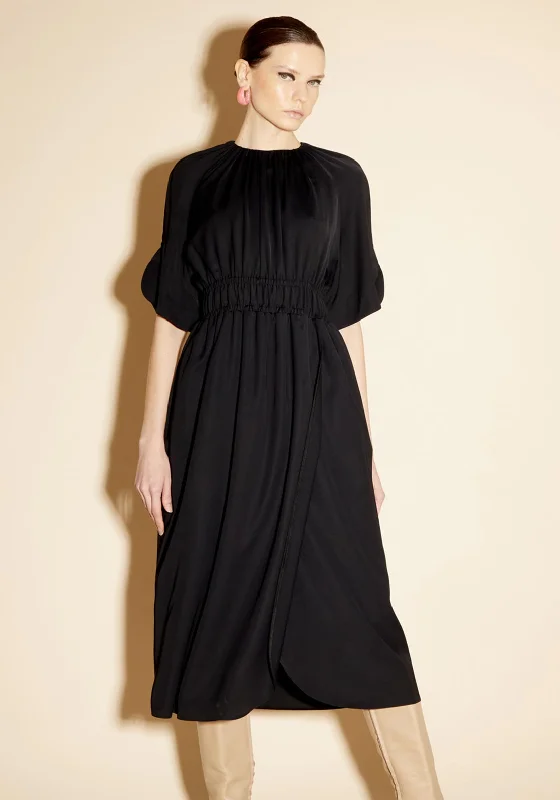 Birelin Stretch Waist Midi Dress, Black Trendy Off-Shoulder Button Midi Dress