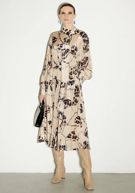 Birelin Animal Print A-line Midi Dress, Beige Multi Elegant Pleated Detail Midi Dress