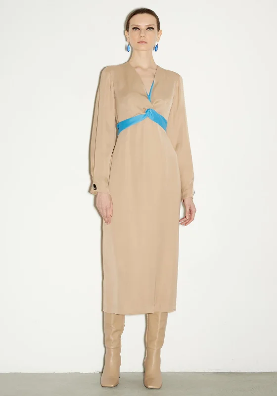 Birelin V Neck Midi Dress, Beige & Blue Cozy Knit Midi Dress