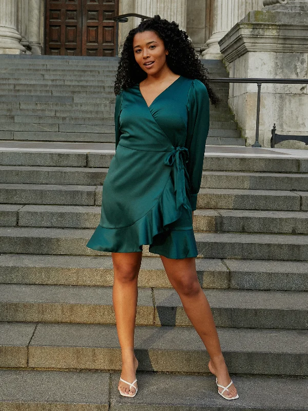 Bobbi Wrap Satin Mini Dress / Forest Green Classic Solid Mini Dress