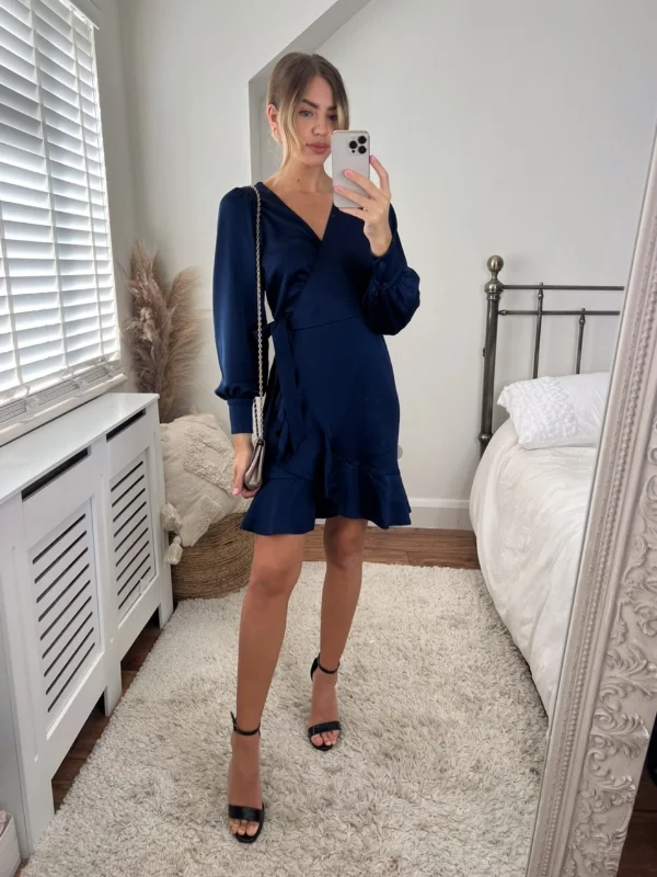 Bobbi Wrap Satin Mini Dress / Navy Stylish Short-Sleeve Mini Dress