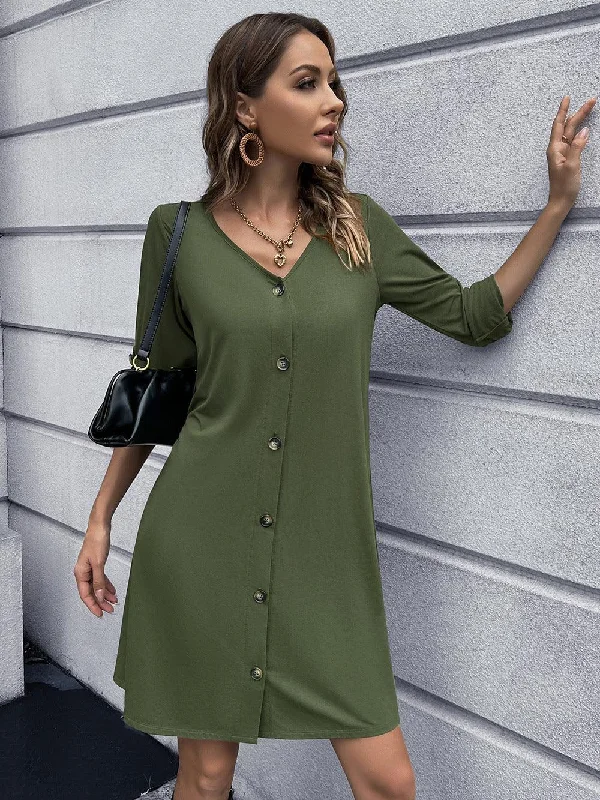 Button Down V-Neck Mini Dress Fashionable A-Line Mini Dress