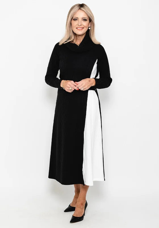 Camelot Cowl Neck Knitted Midi Dress, Black & White Trendy Bodycon Midi Dress