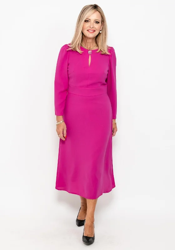 Camelot Button Neck A Line Midi Dress, Magenta Comfortable Short Sleeve Midi Dress