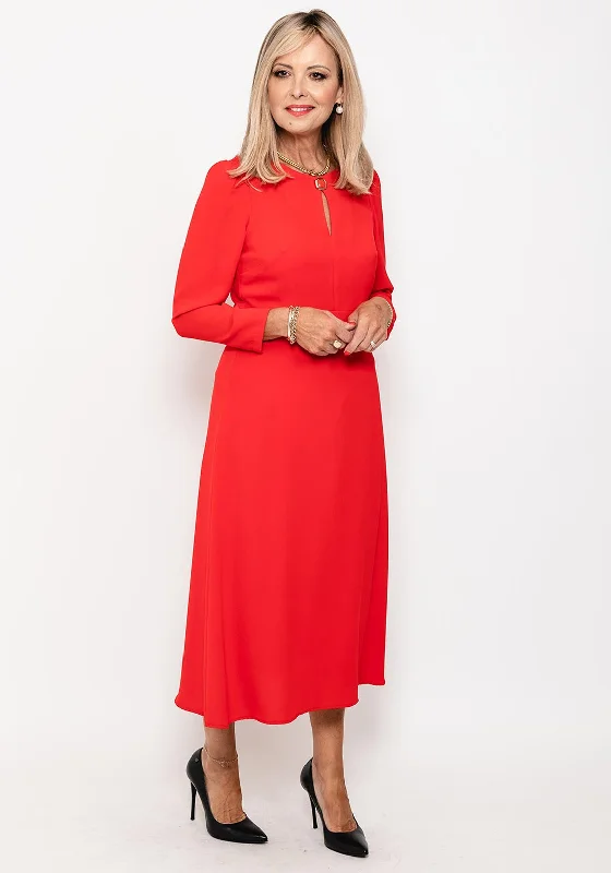 Camelot Button Neck A Line Midi Dress, Red Stylish Long Sleeve Floral Midi Dress