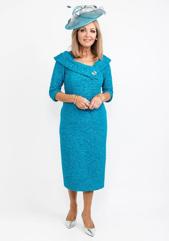 Cassandra Madi Ruched Pencil Midi Dress, Deep Turquoise Elegant Pleated Sleeve Midi Dress