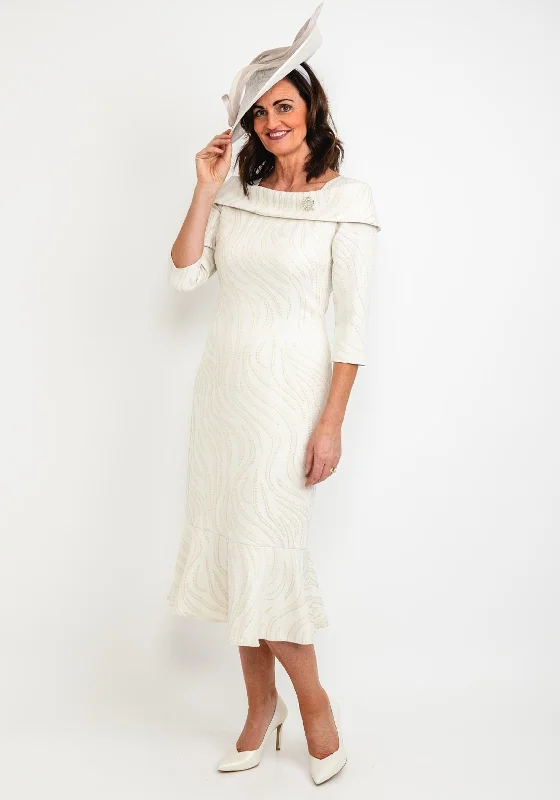 Cassandra Metallic Jacquard Fishtail Midi Dress, Cream Trendy Long Sleeve Midi Dress