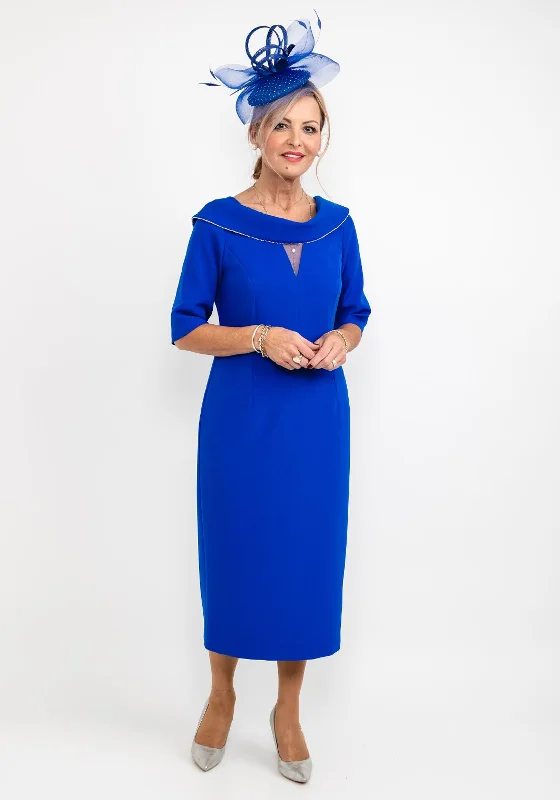 Cassandra Diamante Trim Cowl Midi Dress, Royal Blue Elegant Maxi-Midi Hybrid Dress