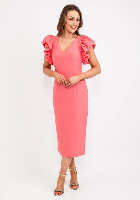 Casting Gathered Shoulder Midi Dress, Coral Fashionable Polka Dot Midi Dress