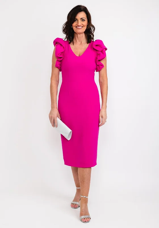 Casting Gathered Shoulder Midi Dress, Fuchsia Trendy Smocked Waist Midi Dress