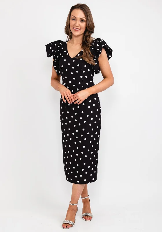 Casting Polka Dot Gathered Shoulder Midi Dress, Black Cozy T-shirt Midi Dress