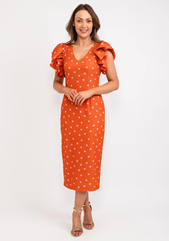 Casting Polka Dot Gathered Shoulder Midi Dress, Orange & Pink Cozy Ribbed Knit Midi Dress