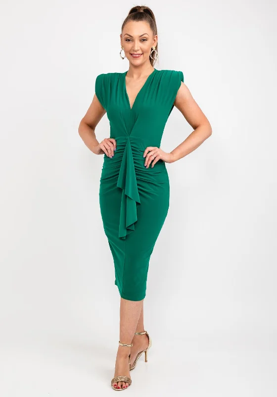 Casting Ruched Drape Midi Dress, Green Elegant Satin Midi Dress