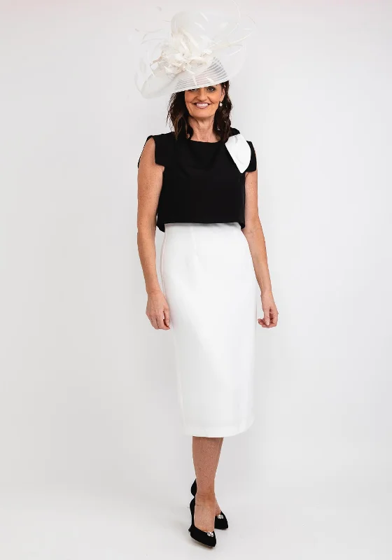 Casting Overlay Bodice Midi Dress, Black & White Trendy Ruffled Sleeve Midi Dress