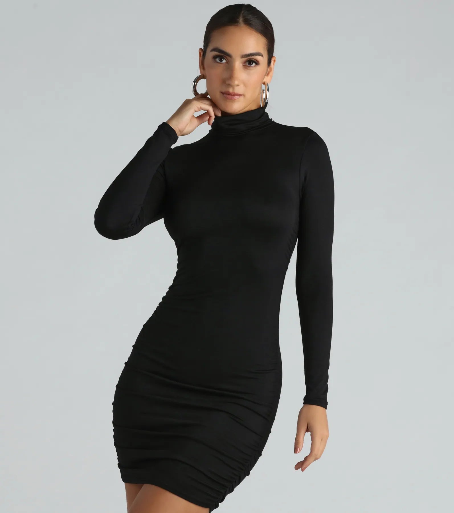 Chic In The City Turtleneck Mini Dress Fashionable Button-Front Mini Dress