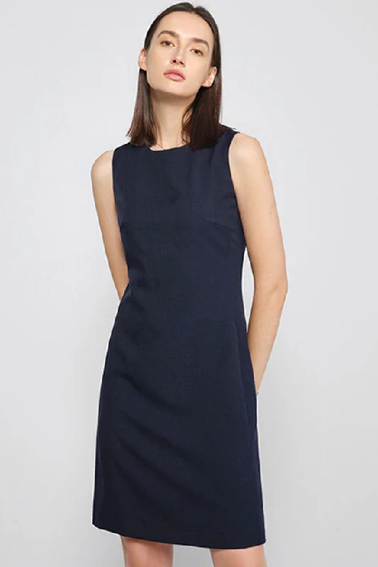 Chic Round Neck Solid Color Fitted Sleeveless Mini Dress - Navy Blue Fashionable Lace Mini Dress