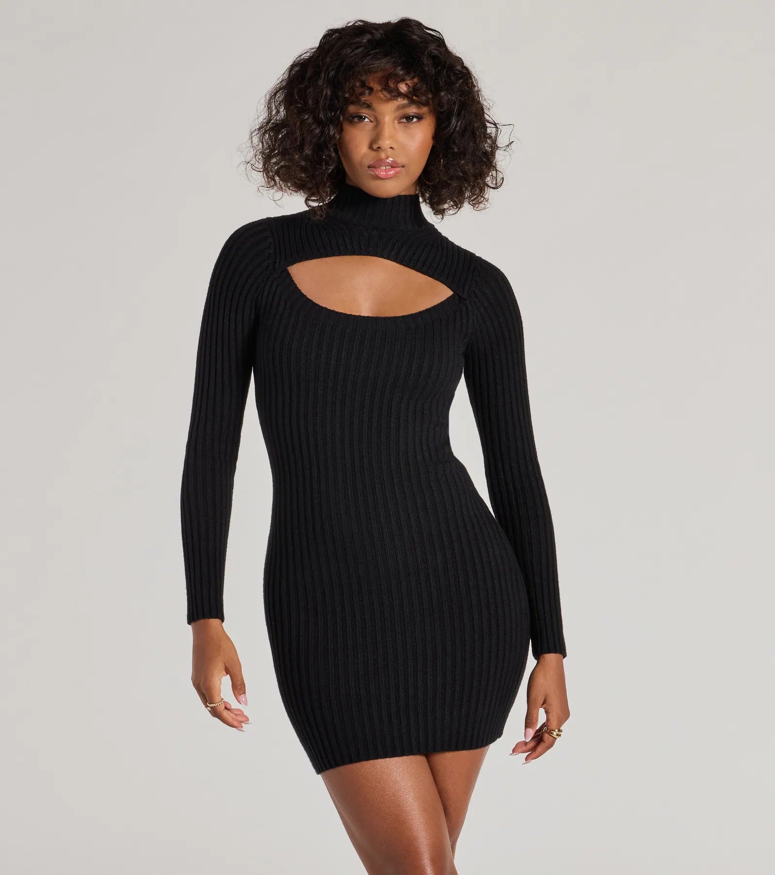 Chic Season Mock Neck Cutout Ribbed Knit Mini Dress Cozy T-Shirt Mini Dress