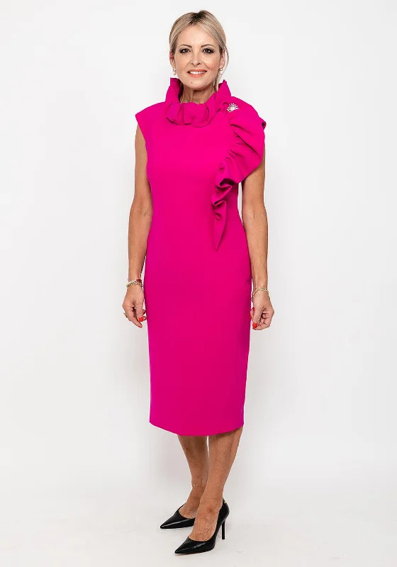 Claudia C Calisto Ruffle Midi Dress, Fuchsia Stylish Silk Midi Dress