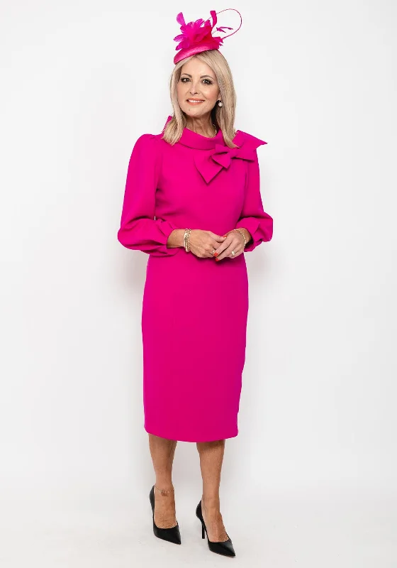 Claudia C Maia Bow Neck Midi Dress, Fuchsia Trendy Shift Midi Dress