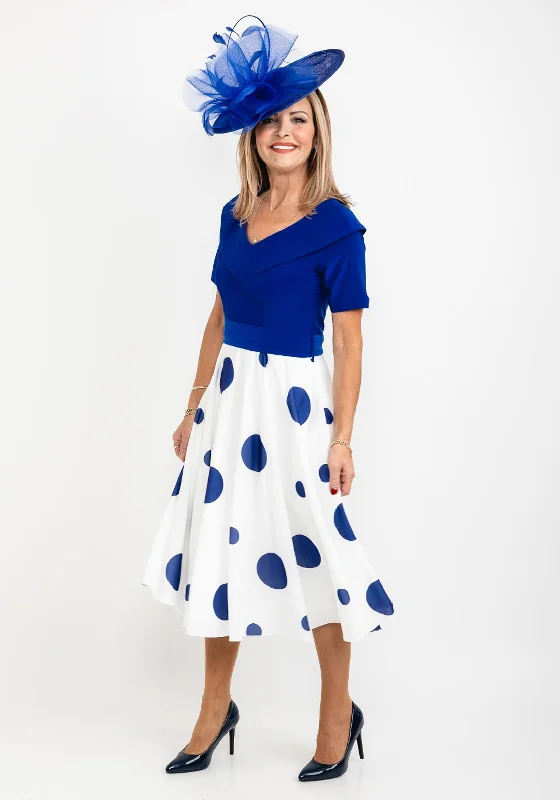 Coco Doll Polka Dot Skirt Midi Dress, Royal Blue Fashionable Floral Embroidery Midi Dress