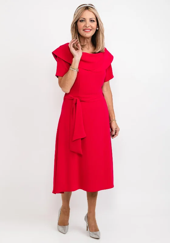 Coco Doll Nala A-Line Midi Dress, Hot Pink Elegant Pleated Detail Midi Dress