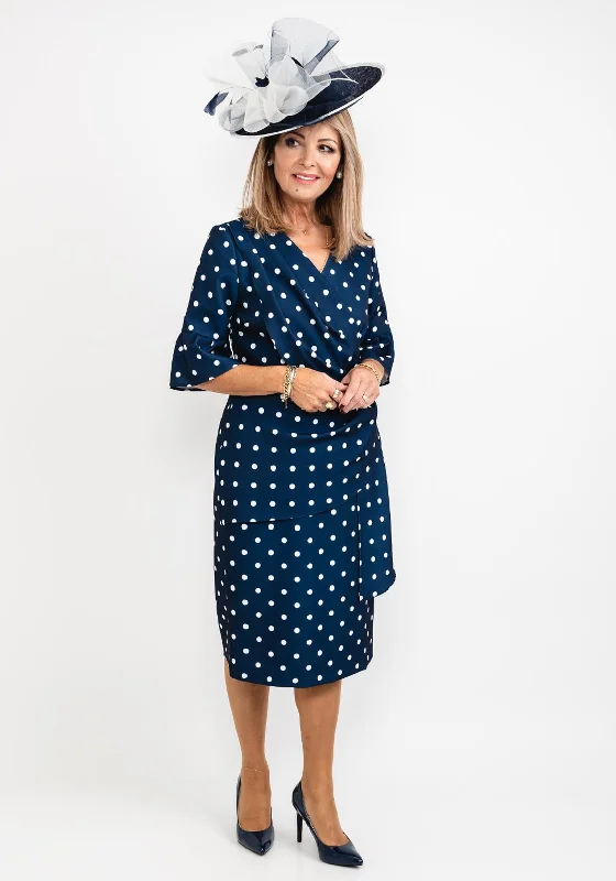 Coco Doll Robi Polka Dot Draped Midi Dress, Navy Trendy Knit Midi Dress